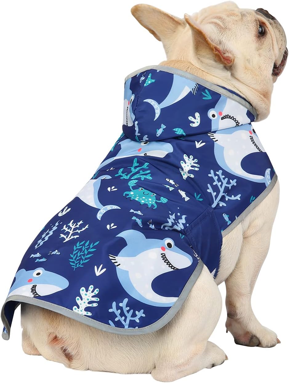 2-in-1 Reversible Dog Raincoat Hooded Poncho Rain Jacket Teal Dino L