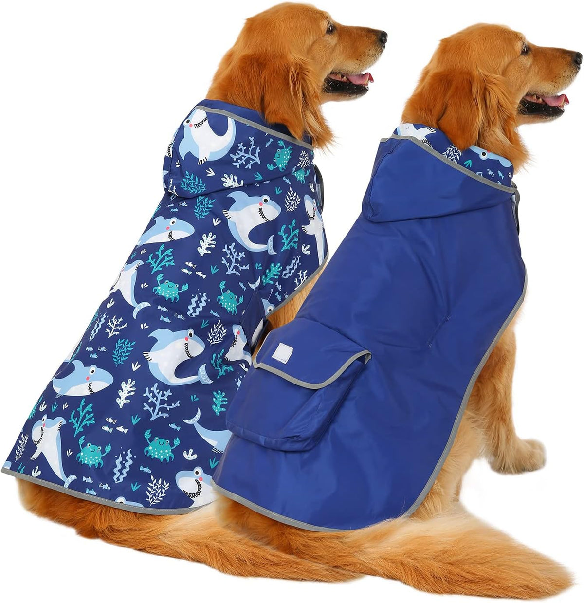 2-in-1 Reversible Dog Raincoat Hooded Poncho Rain Jacket Teal Dino L