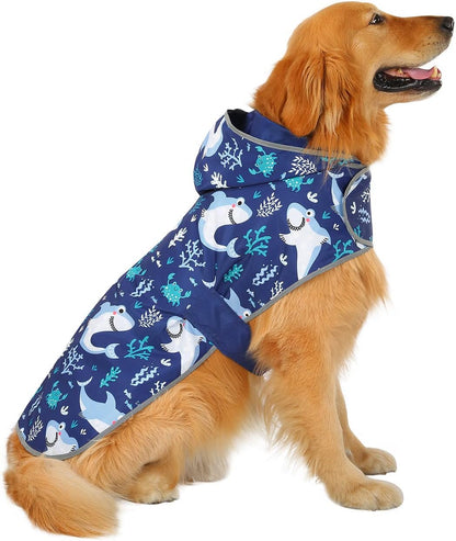 2-in-1 Reversible Dog Raincoat Hooded Poncho Rain Jacket Teal Dino L