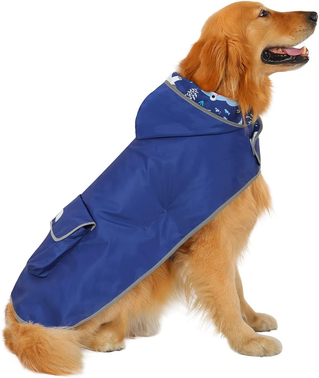 2-in-1 Reversible Dog Raincoat Hooded Poncho Rain Jacket Teal Dino L