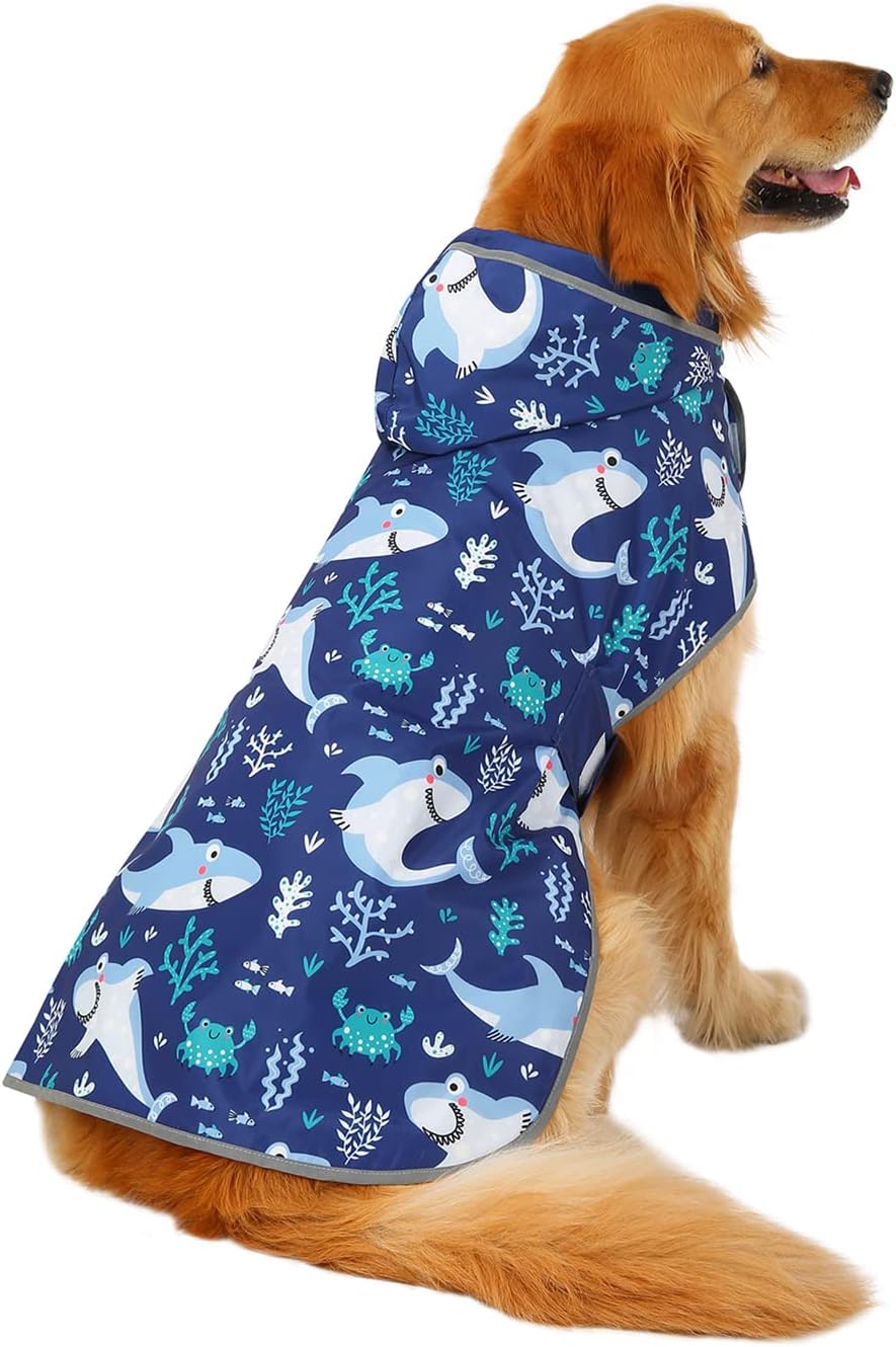 2-in-1 Reversible Dog Raincoat Hooded Poncho Rain Jacket Teal Dino L