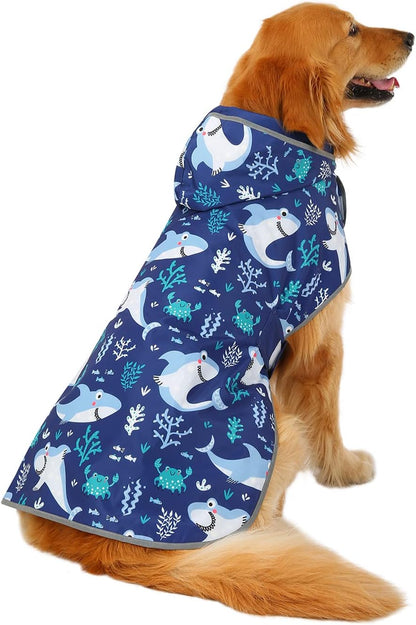 2-in-1 Reversible Dog Raincoat Hooded Poncho Rain Jacket Teal Dino L