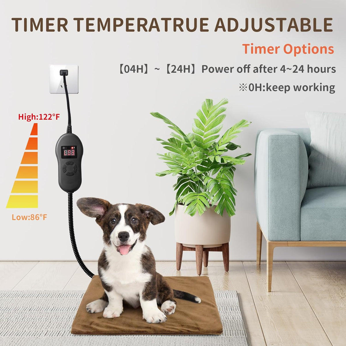 Pet Heating Pad with Timer, Adjustable Temperature, Waterproof, Chew Resistant Cord, Auto Power-Off, Electric Indoor Heated Mat for Dogs and Cats