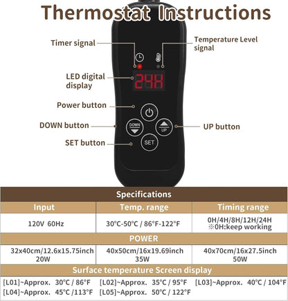 Pet Heating Pad with Timer, Adjustable Temperature, Waterproof, Chew Resistant Cord, Auto Power-Off, Electric Indoor Heated Mat for Dogs and Cats