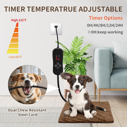 Pet Heating Pad with Timer, Adjustable Temperature, Waterproof, Chew Resistant Cord, Auto Power-Off, Electric Indoor Heated Mat for Dogs and Cats