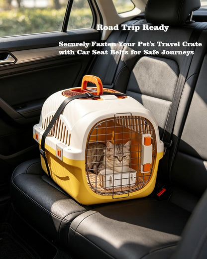 Cat Carrier Airline Approved, Portable Pet Travel Crate with Anti-Stress Design for Cats & Small Dogs, Car Safe Kennel with Top Window (Yellow)