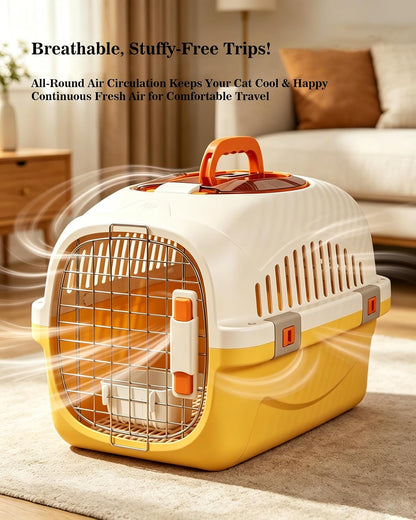 Cat Carrier Airline Approved, Portable Pet Travel Crate with Anti-Stress Design for Cats & Small Dogs, Car Safe Kennel with Top Window (Yellow)