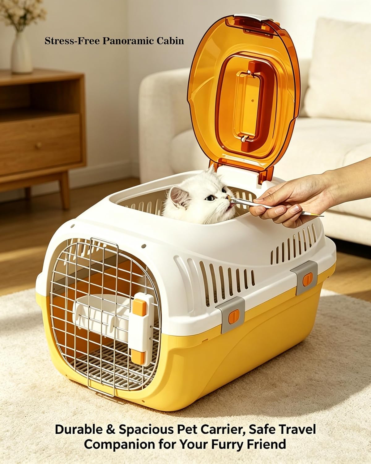 Cat Carrier Airline Approved, Portable Pet Travel Crate with Anti-Stress Design for Cats & Small Dogs, Car Safe Kennel with Top Window (Yellow)