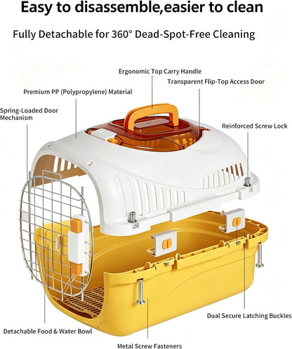 Cat Carrier Airline Approved, Portable Pet Travel Crate with Anti-Stress Design for Cats & Small Dogs, Car Safe Kennel with Top Window (Yellow)