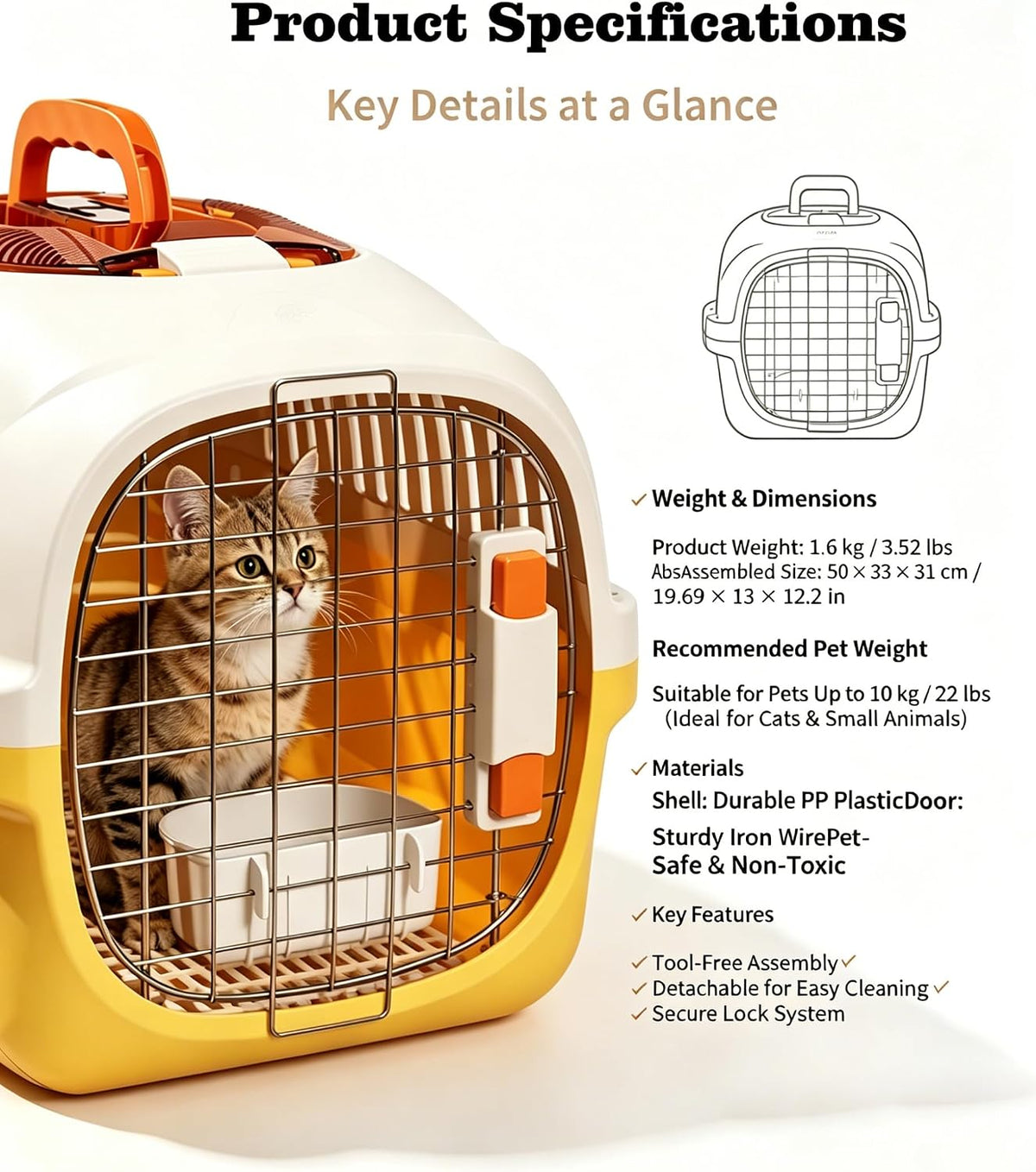 Cat Carrier Airline Approved, Portable Pet Travel Crate with Anti-Stress Design for Cats & Small Dogs, Car Safe Kennel with Top Window (Yellow)