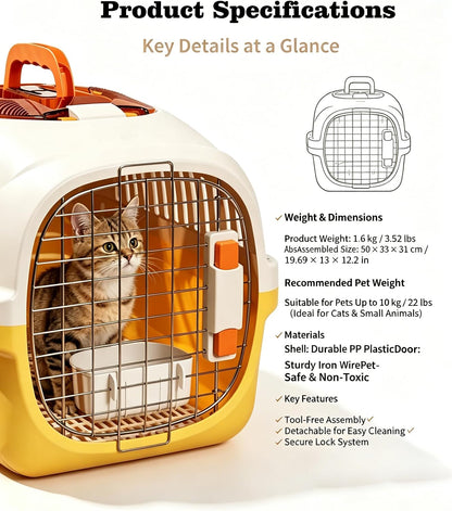 Cat Carrier Airline Approved, Portable Pet Travel Crate with Anti-Stress Design for Cats & Small Dogs, Car Safe Kennel with Top Window (Yellow)