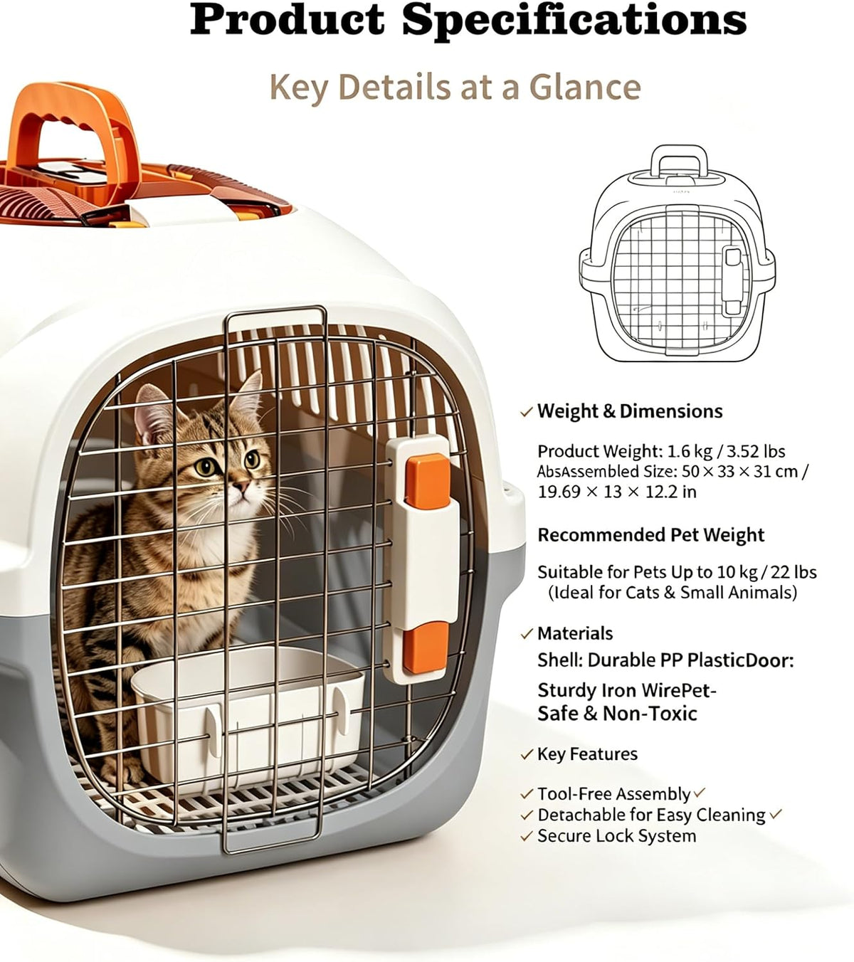 Cat Carrier Airline Approved, Portable Pet Travel Crate with Anti-Stress Design for Cats & Small Dogs, Car Safe Kennel with Top Window (Yellow)