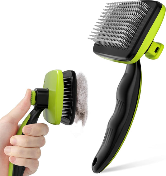 Skin Friendly Self-Cleaning Slicker Brush for Dog & Cat Shedding | 1 click clean, Lightweight, Undercoat hair removal, For short/long/double/white coats