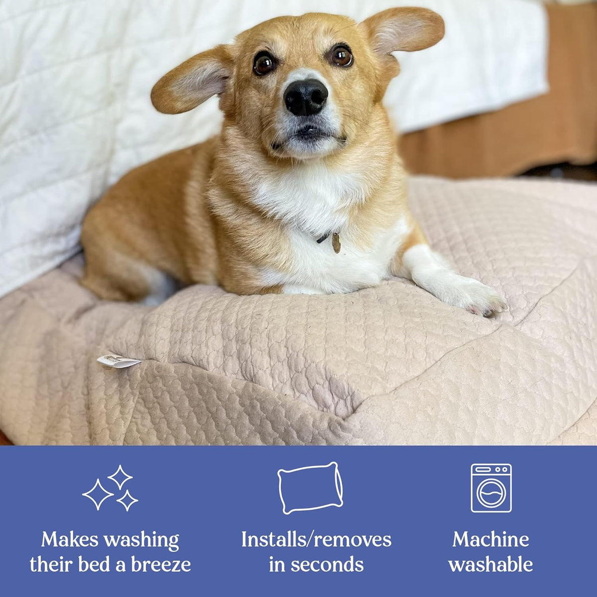 Quilted Dog Bed Cover, Waterproof Heavy‑Duty Washable, Medium, Tan