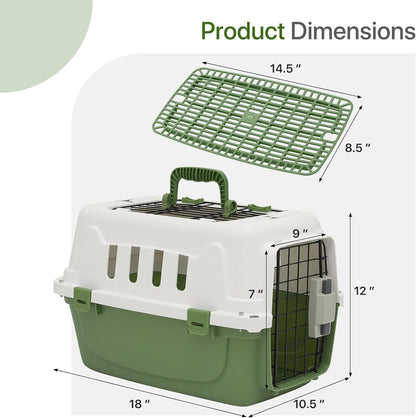 18 Inch Hard-Sided Plastic Dog Carrier 2 Door Travel Crate for Small Dogs Cats up to 10 lbs, Durable Handle, Security Lock Design, Green