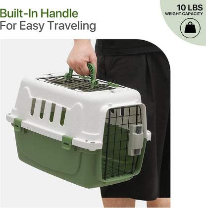 18 Inch Hard-Sided Plastic Dog Carrier 2 Door Travel Crate for Small Dogs Cats up to 10 lbs, Durable Handle, Security Lock Design, Green