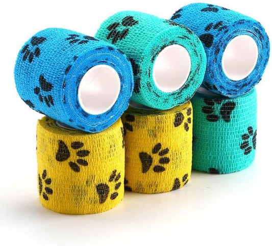 Pet Wrap, Self-Adhesive, Only Sticks to Itself, Non-Woven Tape for Dog Legs, Paws, Wounds, First Aid Cohesive Gauze for Horse, Cat, Bird, Animal, 6 Rolls, 2 Inch, Pawprints A