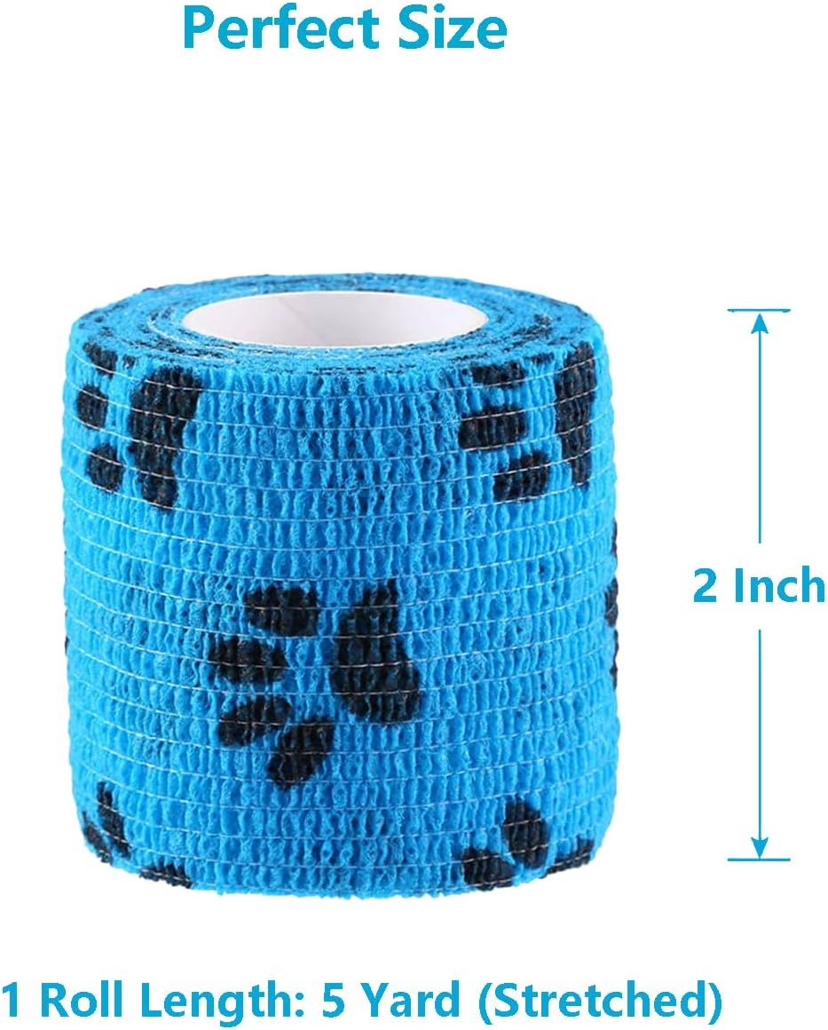 Pet Wrap, Self-Adhesive, Only Sticks to Itself, Non-Woven Tape for Dog Legs, Paws, Wounds, First Aid Cohesive Gauze for Horse, Cat, Bird, Animal, 6 Rolls, 2 Inch, Pawprints A