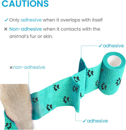 Pet Wrap, Self-Adhesive, Only Sticks to Itself, Non-Woven Tape for Dog Legs, Paws, Wounds, First Aid Cohesive Gauze for Horse, Cat, Bird, Animal, 6 Rolls, 2 Inch, Pawprints A