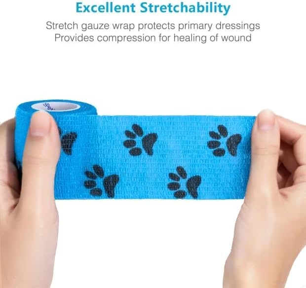 Pet Wrap, Self-Adhesive, Only Sticks to Itself, Non-Woven Tape for Dog Legs, Paws, Wounds, First Aid Cohesive Gauze for Horse, Cat, Bird, Animal, 6 Rolls, 2 Inch, Pawprints A