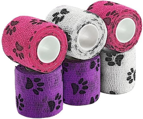 Pet Wrap, Self-Adhesive, Only Sticks to Itself, Non-Woven Tape for Dog Legs, Paws, Wounds, First Aid Cohesive Gauze for Horse, Cat, Bird, Animal, 6 Rolls, 2 Inch, Pawprints A