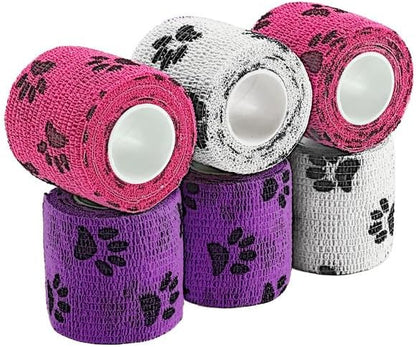 Pet Wrap, Self-Adhesive, Only Sticks to Itself, Non-Woven Tape for Dog Legs, Paws, Wounds, First Aid Cohesive Gauze for Horse, Cat, Bird, Animal, 6 Rolls, 2 Inch, Pawprints A