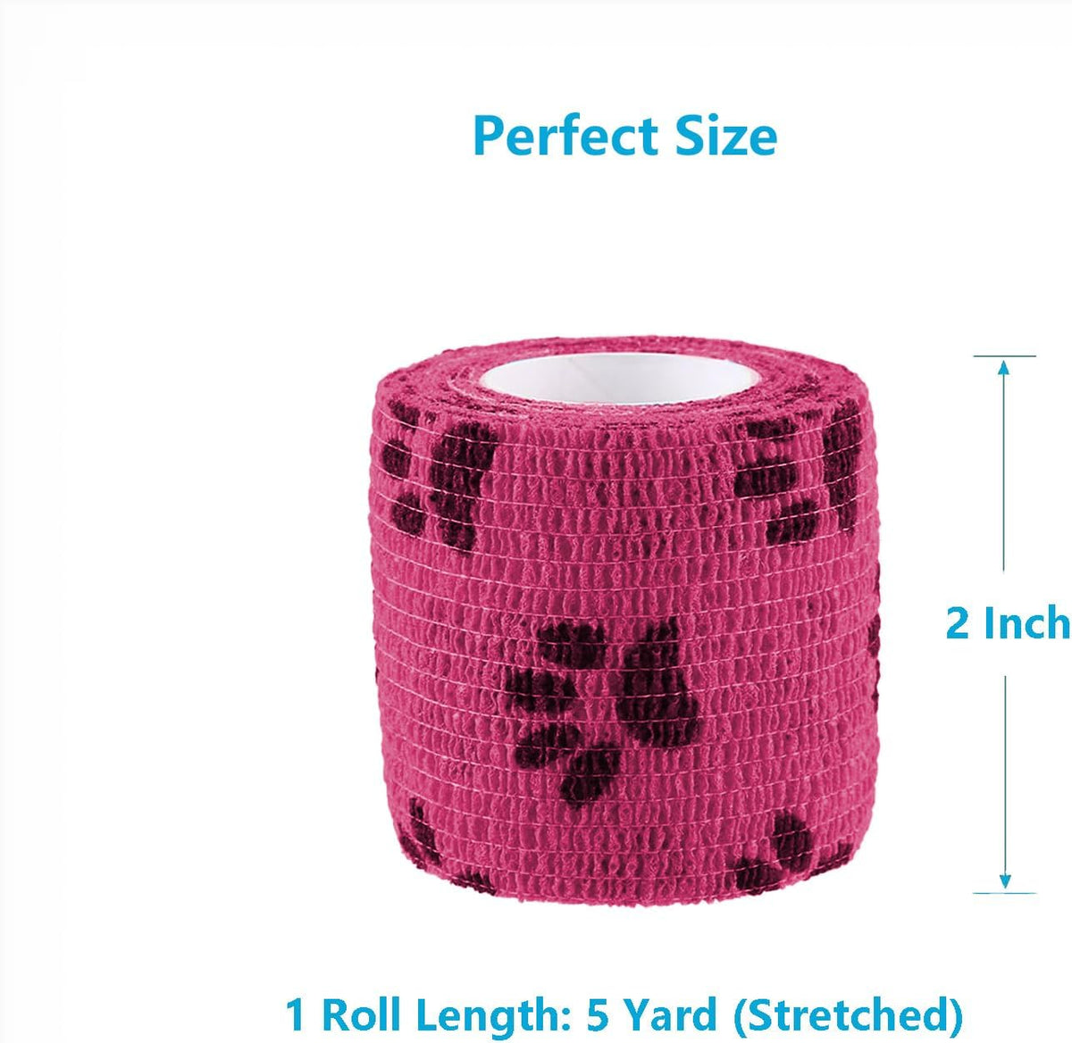 Pet Wrap, Self-Adhesive, Only Sticks to Itself, Non-Woven Tape for Dog Legs, Paws, Wounds, First Aid Cohesive Gauze for Horse, Cat, Bird, Animal, 6 Rolls, 2 Inch, Pawprints A