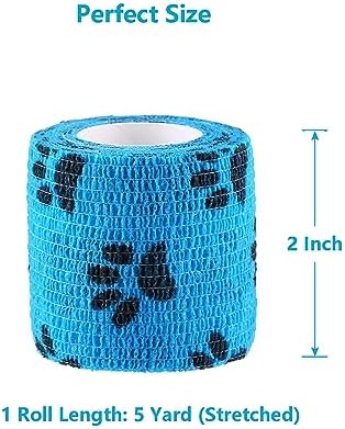 Pet Wrap, Self-Adhesive, Only Sticks to Itself, Non-Woven Tape for Dog Legs, Paws, Wounds, First Aid Cohesive Gauze for Horse, Cat, Bird, Animal, 6 Rolls, 2 Inch, Pawprints A