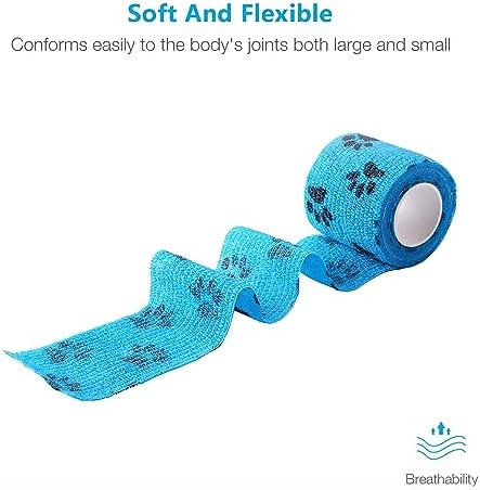 Pet Wrap, Self-Adhesive, Only Sticks to Itself, Non-Woven Tape for Dog Legs, Paws, Wounds, First Aid Cohesive Gauze for Horse, Cat, Bird, Animal, 6 Rolls, 2 Inch, Pawprints A