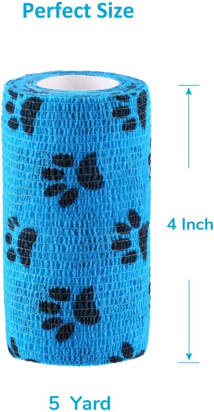 Pet Wrap, Self-Adhesive, Only Sticks to Itself, Non-Woven Tape for Dog Legs, Paws, Wounds, First Aid Cohesive Gauze for Horse, Cat, Bird, Animal, 6 Rolls, 2 Inch, Pawprints A
