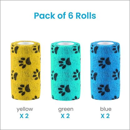 Pet Wrap, Self-Adhesive, Only Sticks to Itself, Non-Woven Tape for Dog Legs, Paws, Wounds, First Aid Cohesive Gauze for Horse, Cat, Bird, Animal, 6 Rolls, 2 Inch, Pawprints A