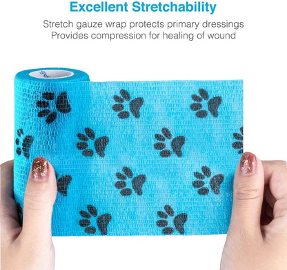Pet Wrap, Self-Adhesive, Only Sticks to Itself, Non-Woven Tape for Dog Legs, Paws, Wounds, First Aid Cohesive Gauze for Horse, Cat, Bird, Animal, 6 Rolls, 2 Inch, Pawprints A