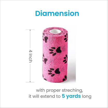 Pet Wrap, Self-Adhesive, Only Sticks to Itself, Non-Woven Tape for Dog Legs, Paws, Wounds, First Aid Cohesive Gauze for Horse, Cat, Bird, Animal, 6 Rolls, 2 Inch, Pawprints A