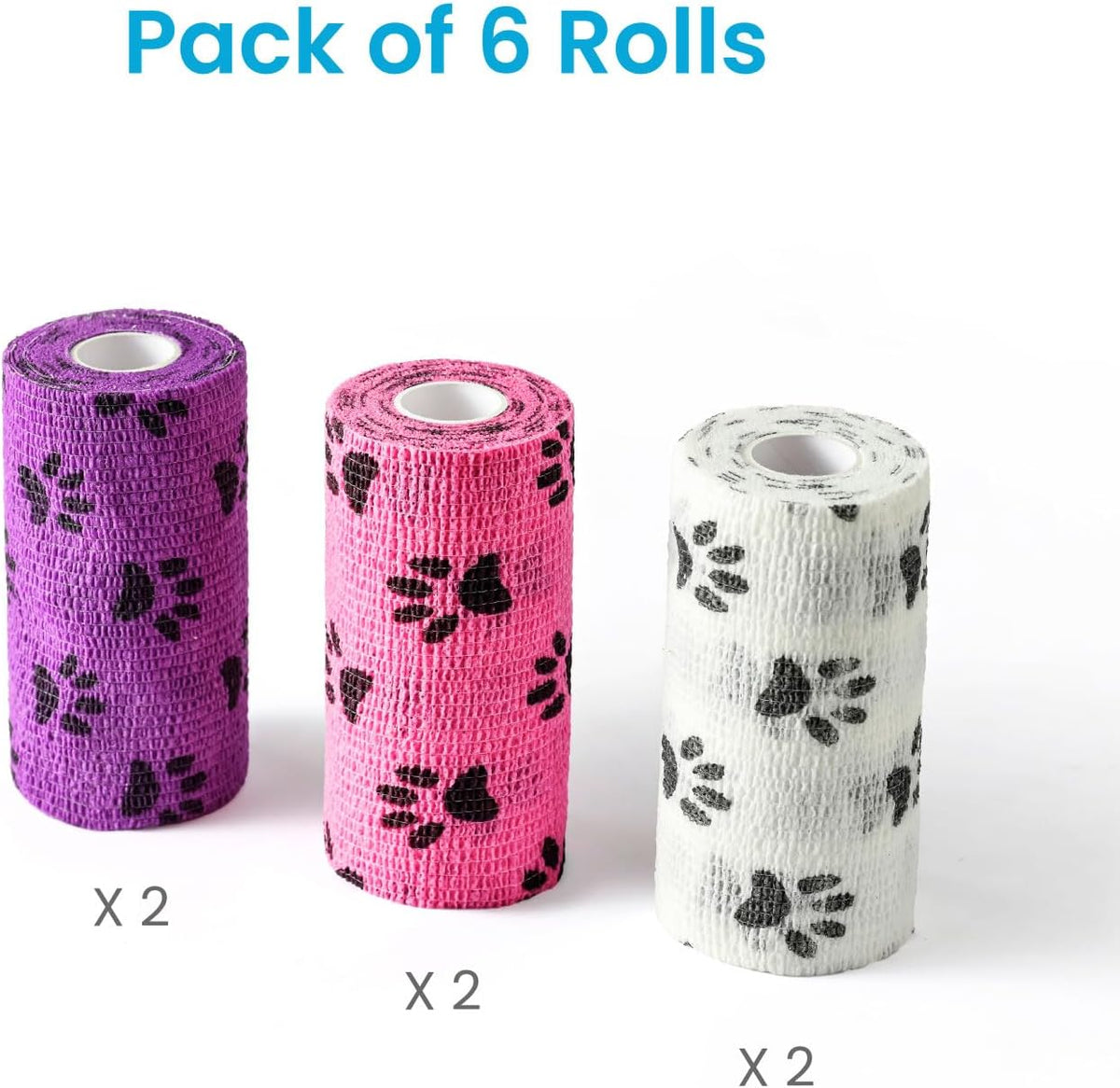 Pet Wrap, Self-Adhesive, Only Sticks to Itself, Non-Woven Tape for Dog Legs, Paws, Wounds, First Aid Cohesive Gauze for Horse, Cat, Bird, Animal, 6 Rolls, 2 Inch, Pawprints A
