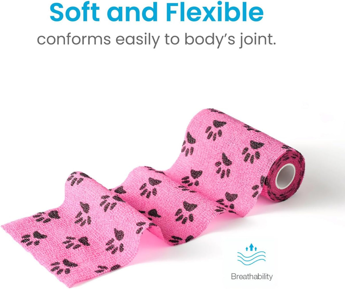 Pet Wrap, Self-Adhesive, Only Sticks to Itself, Non-Woven Tape for Dog Legs, Paws, Wounds, First Aid Cohesive Gauze for Horse, Cat, Bird, Animal, 6 Rolls, 2 Inch, Pawprints A