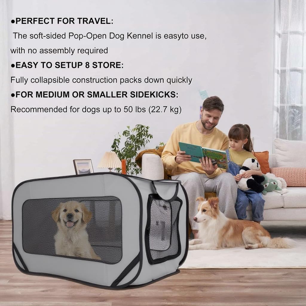 36 Inch Foldable Dog Kennel for Large Dogs, Portable Waterproof Pop-Up Pet Crate, Indoor Outdoor Travel Car Seat Kennel (Grey)