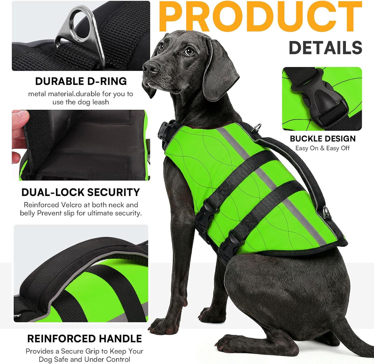 Dog Life Jacket Large,High Flotation Dog Life Vest for Swimming Boating,Adjustable Ripstop Pet Lifesaver for Large Dogs,Reflective Safety Dogs Swimming Vest with Rescue Handle(Green,L)