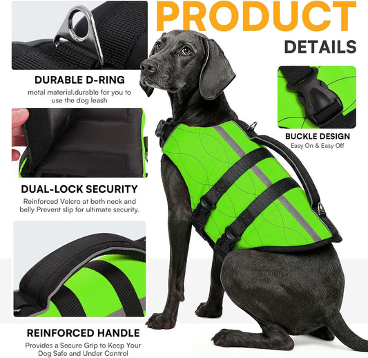 Dog Life Jacket Large,High Flotation Dog Life Vest for Swimming Boating,Adjustable Ripstop Pet Lifesaver for Large Dogs,Reflective Safety Dogs Swimming Vest with Rescue Handle(Green,L)