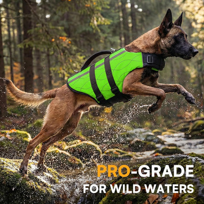 Dog Life Jacket Large,High Flotation Dog Life Vest for Swimming Boating,Adjustable Ripstop Pet Lifesaver for Large Dogs,Reflective Safety Dogs Swimming Vest with Rescue Handle(Green,L)