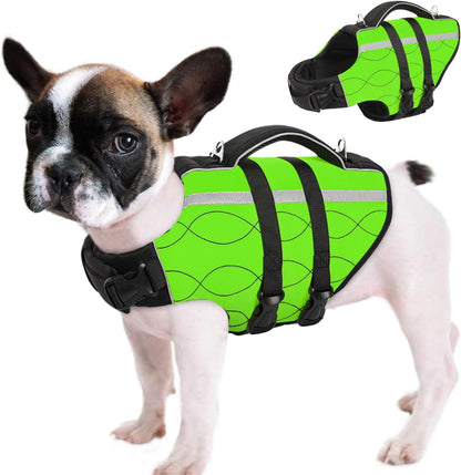 Dog Life Jacket Large,High Flotation Dog Life Vest for Swimming Boating,Adjustable Ripstop Pet Lifesaver for Large Dogs,Reflective Safety Dogs Swimming Vest with Rescue Handle(Green,L)