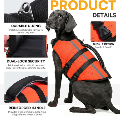 Dog Life Jacket Large,High Flotation Dog Life Vest for Swimming Boating,Adjustable Ripstop Pet Lifesaver for Large Dogs,Reflective Safety Dogs Swimming Vest with Rescue Handle(Green,L)