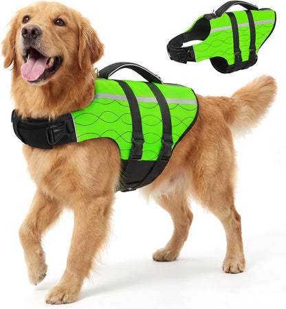 Dog Life Jacket Large,High Flotation Dog Life Vest for Swimming Boating,Adjustable Ripstop Pet Lifesaver for Large Dogs,Reflective Safety Dogs Swimming Vest with Rescue Handle(Green,L)