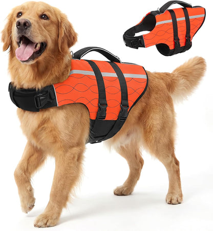 Dog Life Jacket Large,High Flotation Dog Life Vest for Swimming Boating,Adjustable Ripstop Pet Lifesaver for Large Dogs,Reflective Safety Dogs Swimming Vest with Rescue Handle(Green,L)