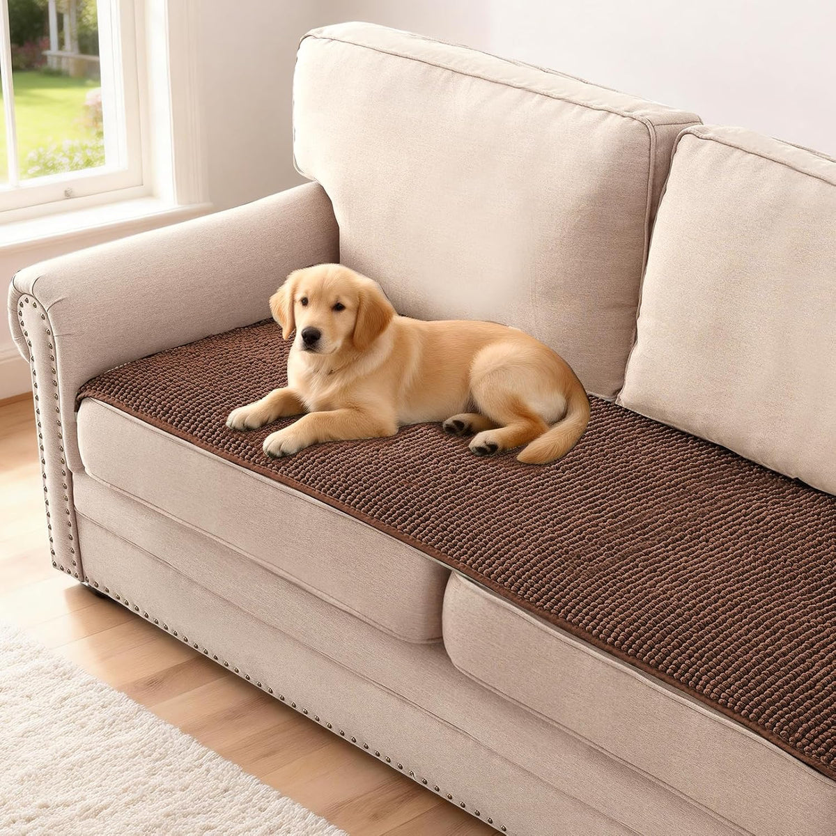 Plush Chenille Dog Bed Cover Thick Soft Sofa Cover for 3 Cushion Couch Anti Slip Couch Cover Furniture Protector for Dog, Pet, Cat (35" x 82", Ivory)