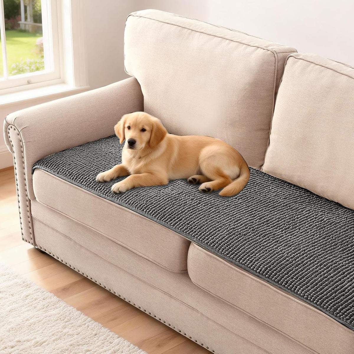 Plush Chenille Dog Bed Cover Thick Soft Sofa Cover for 3 Cushion Couch Anti Slip Couch Cover Furniture Protector for Dog, Pet, Cat (35" x 82", Ivory)