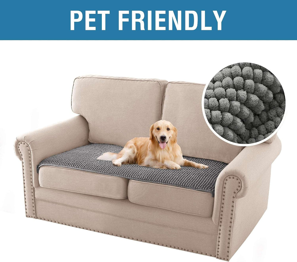 Plush Chenille Dog Bed Cover Thick Soft Sofa Cover for 3 Cushion Couch Anti Slip Couch Cover Furniture Protector for Dog, Pet, Cat (35" x 82", Ivory)