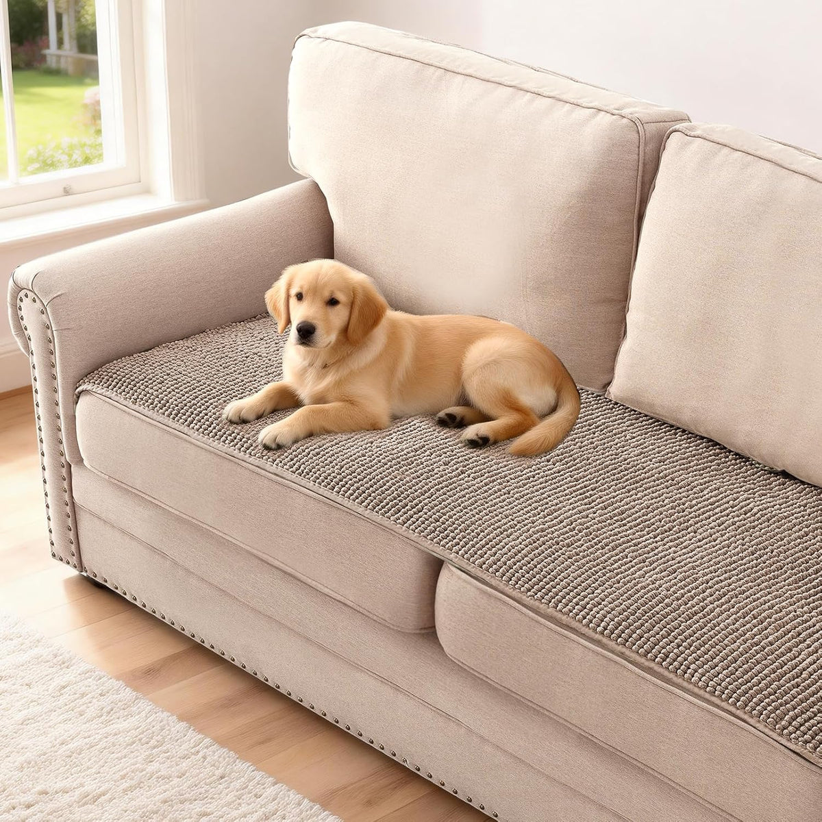 Plush Chenille Dog Bed Cover Thick Soft Sofa Cover for 3 Cushion Couch Anti Slip Couch Cover Furniture Protector for Dog, Pet, Cat (35" x 82", Ivory)