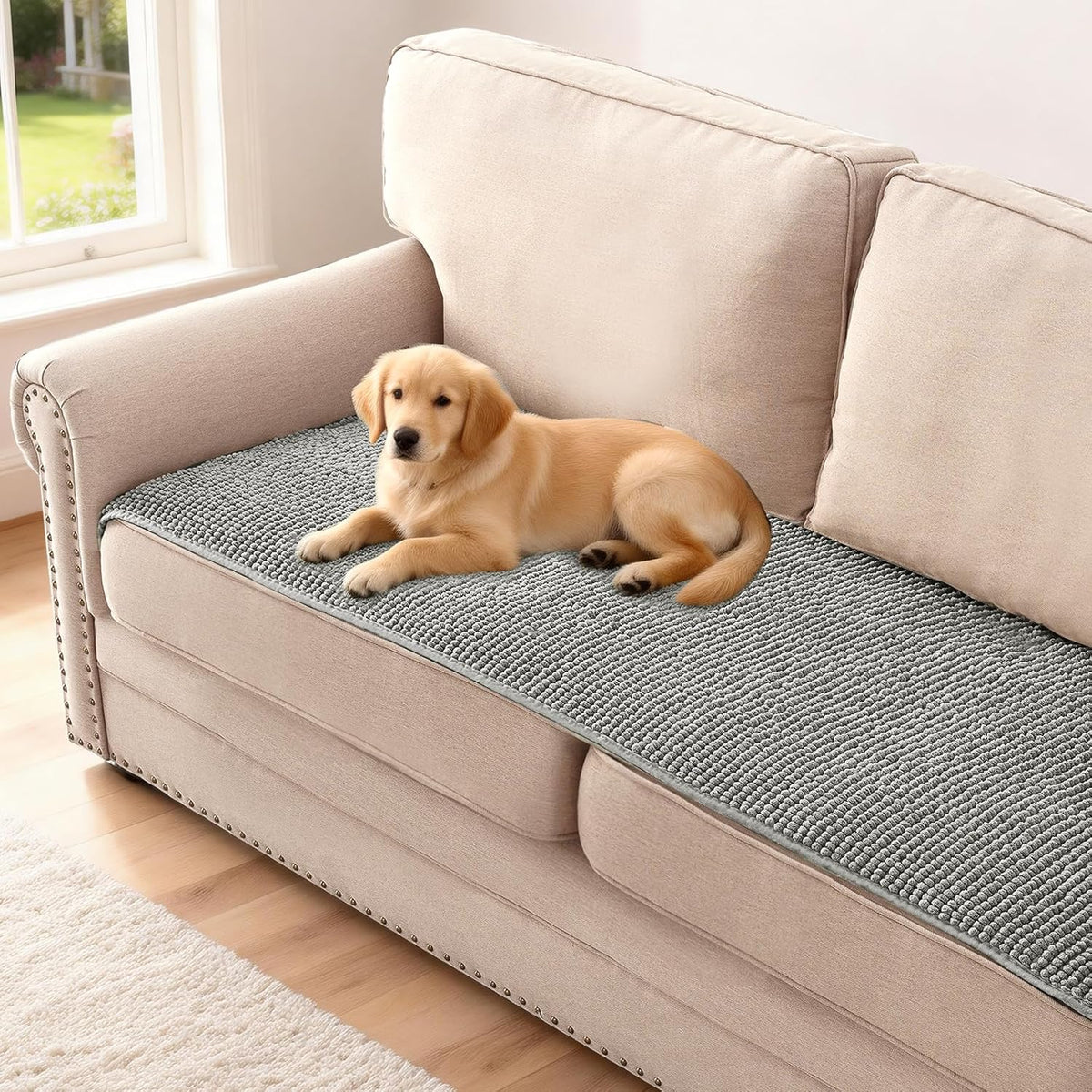 Plush Chenille Dog Bed Cover Thick Soft Sofa Cover for 3 Cushion Couch Anti Slip Couch Cover Furniture Protector for Dog, Pet, Cat (35" x 82", Ivory)