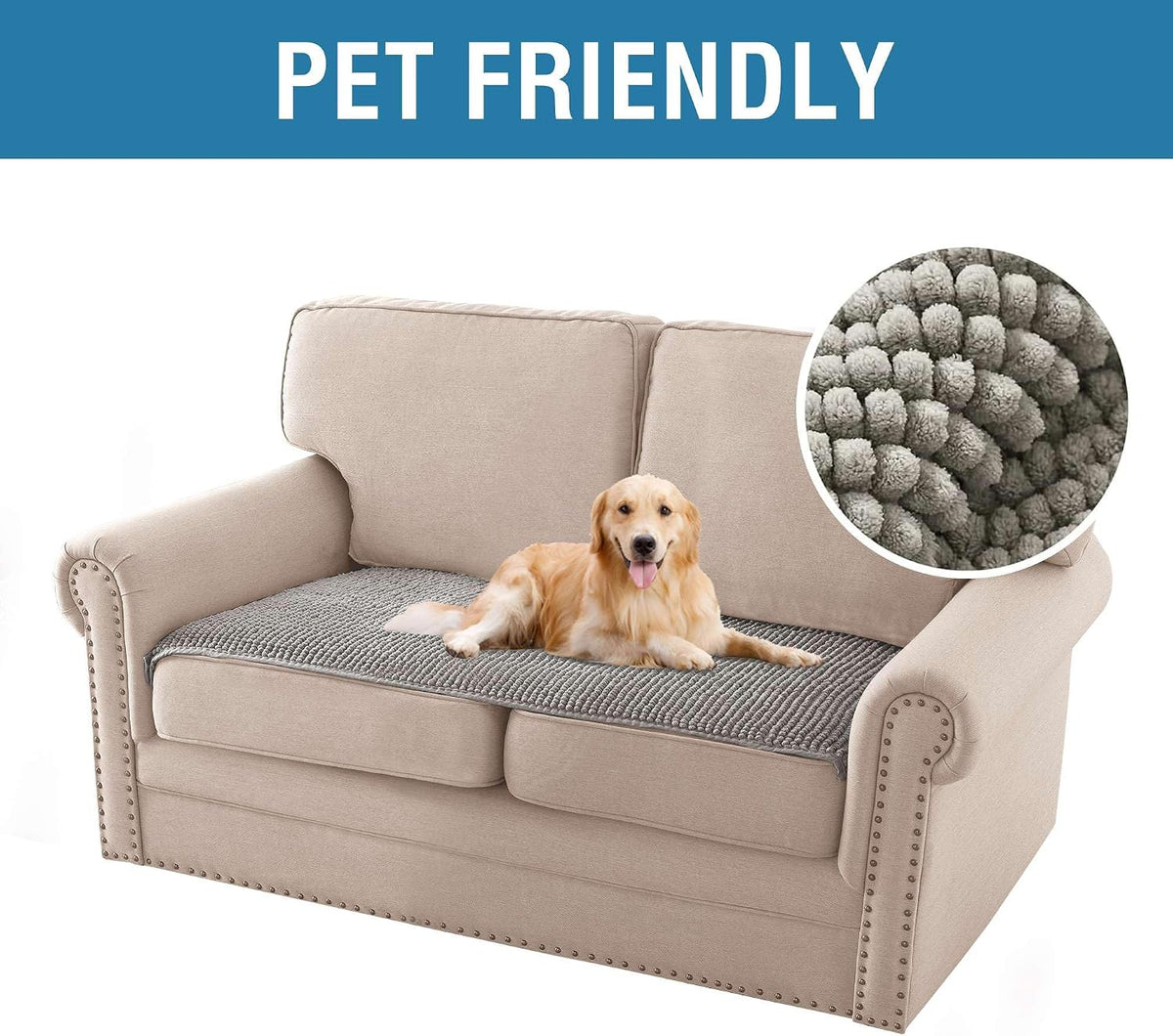 Plush Chenille Dog Bed Cover Thick Soft Sofa Cover for 3 Cushion Couch Anti Slip Couch Cover Furniture Protector for Dog, Pet, Cat (35" x 82", Ivory)