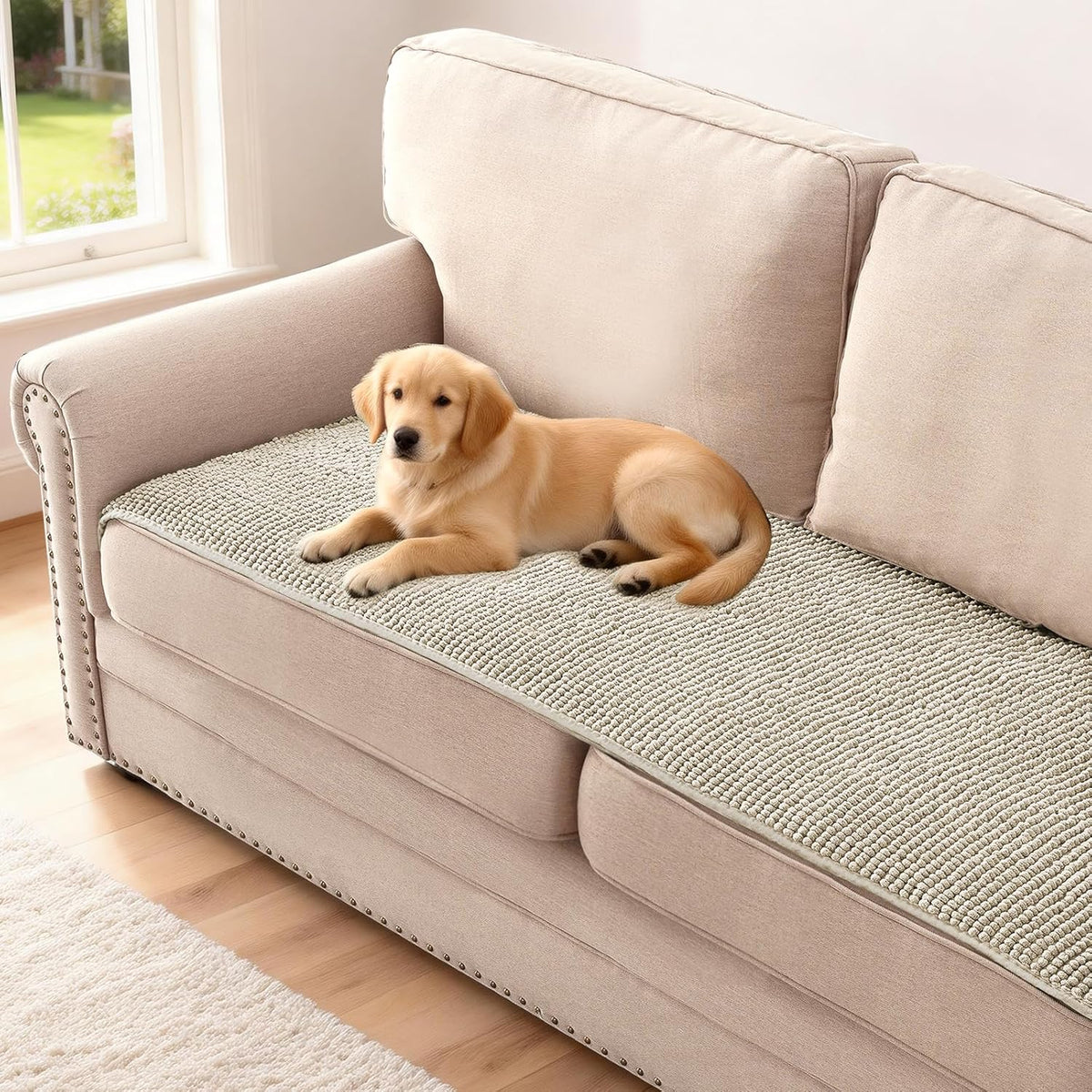 Plush Chenille Dog Bed Cover Thick Soft Sofa Cover for 3 Cushion Couch Anti Slip Couch Cover Furniture Protector for Dog, Pet, Cat (35" x 82", Ivory)